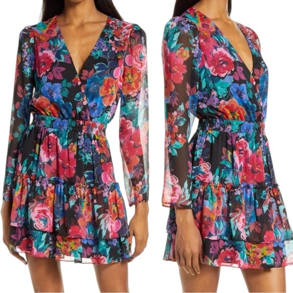 CHARLES HENRY PRINT LONG SLEEVE RUFFLE FIT & FLARE MINIDRESS DRESS SZ M - Picture 2 of 11